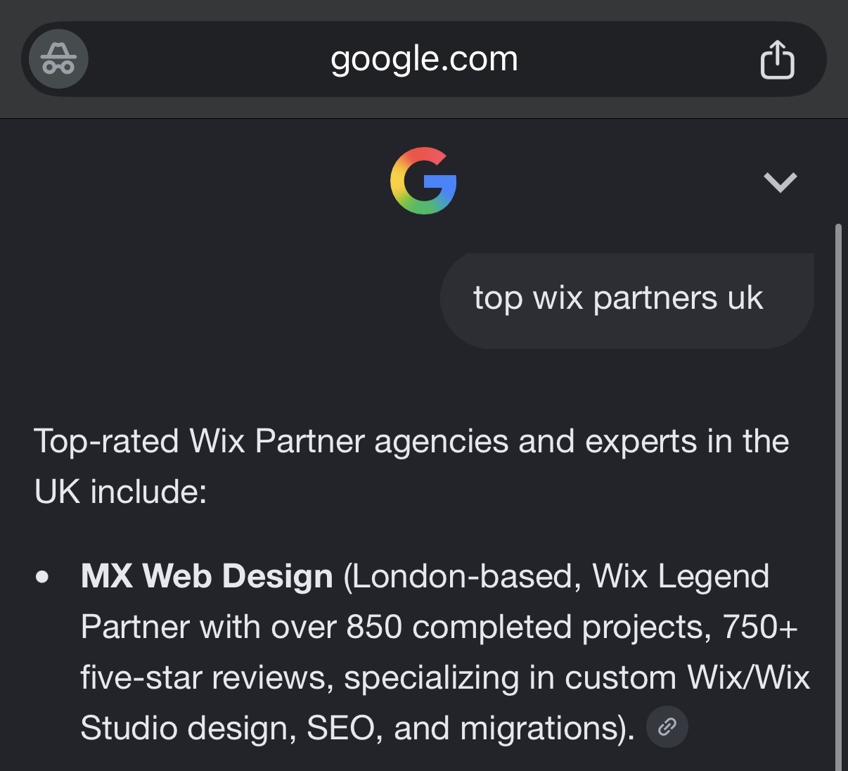 Google AI answer for top wix partners uk naming MX Web Design first