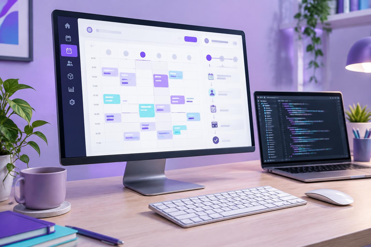 Illustrative development workspace with booking calendar and code screens